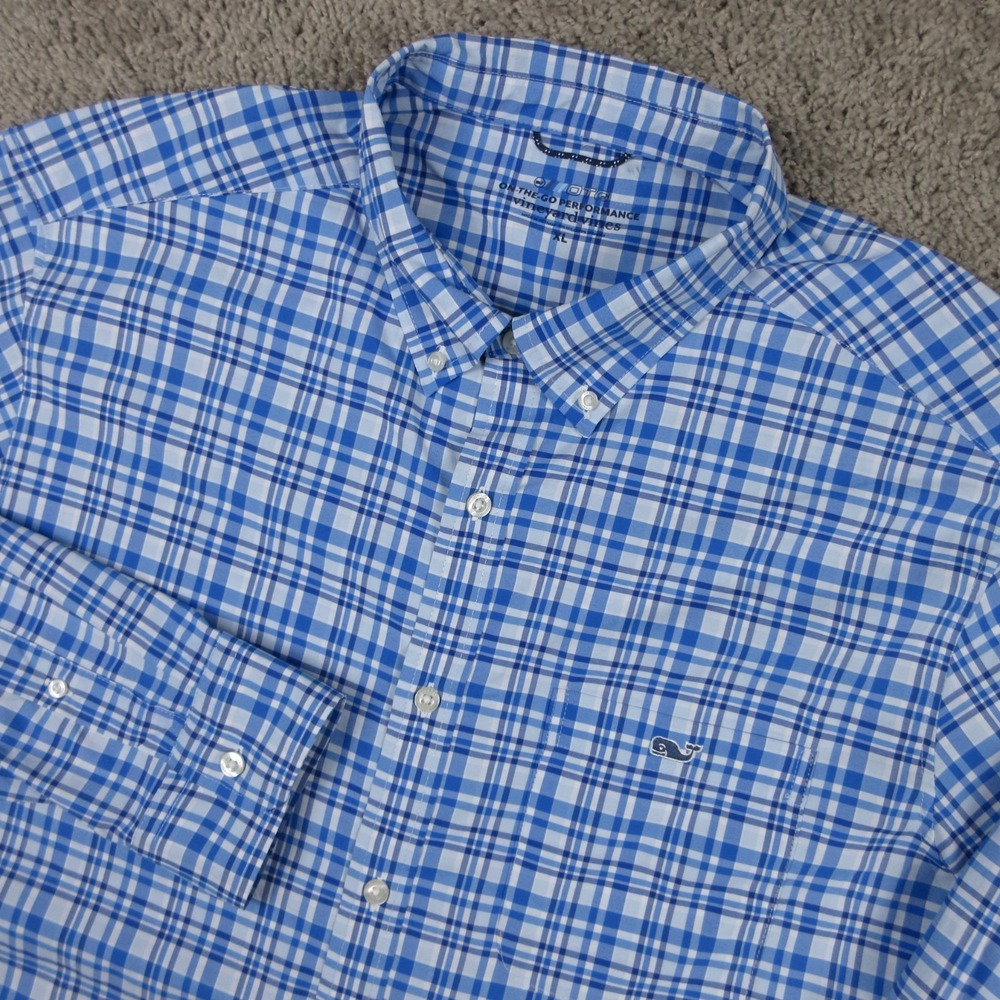 Vineyard Vines Shirt Mens XL Blue Plaid OTG On The Go Performance Button Up EUC